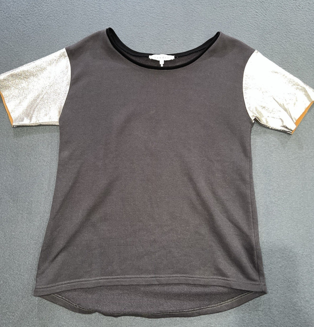 SANDRO Short Sleeve Cotton Jersey top crew Leather sleeve Y2K Size 3 A010005